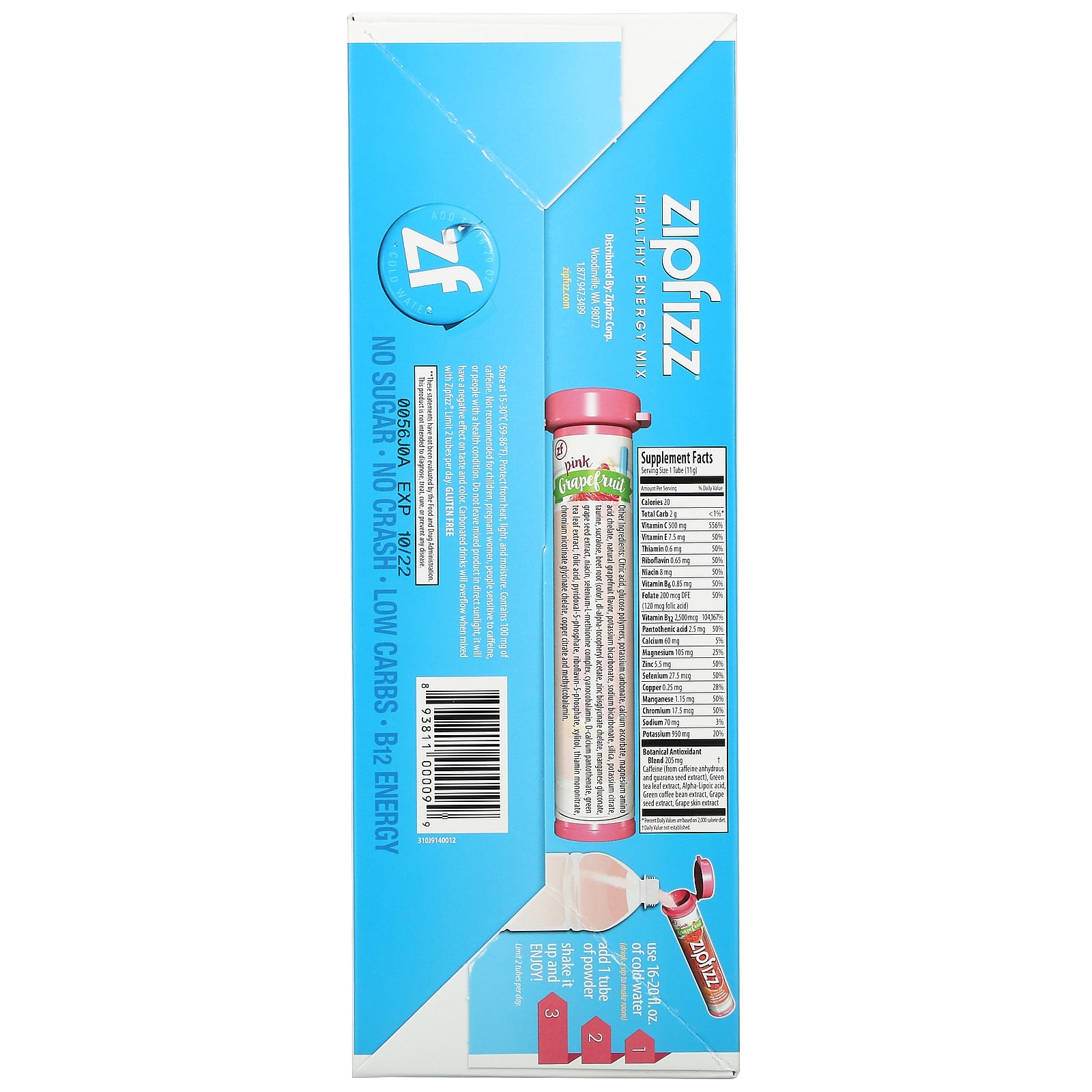 Zipfizz, Энергетическая смесь для здорового спорта с витамином B12, розовый грейпфрут, 20 тюбиков по 11 г (0,39 унции)