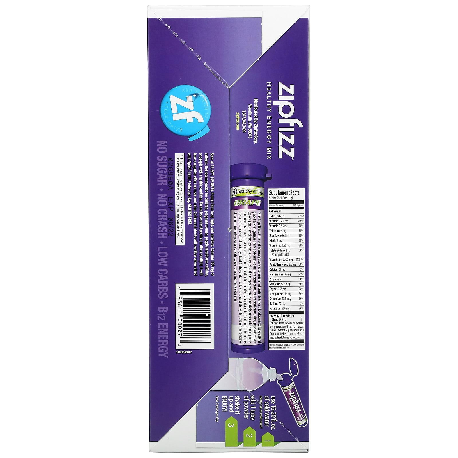 Zipfizz, Энергетическая смесь для здорового спорта с витамином B12, виноград, 20 тюбиков по 11 г (0,39 унции)