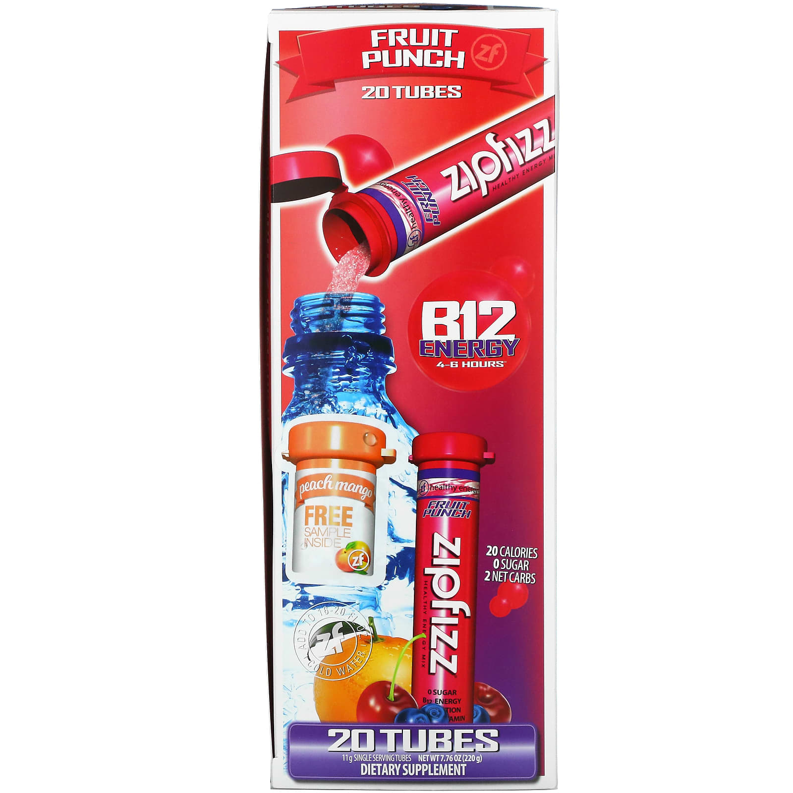 Zipfizz, Энергетическая смесь для здоровых видов спорта с витамином B12, фруктовый пунш, 20 тюбиков по 11 г (0,39 унции)