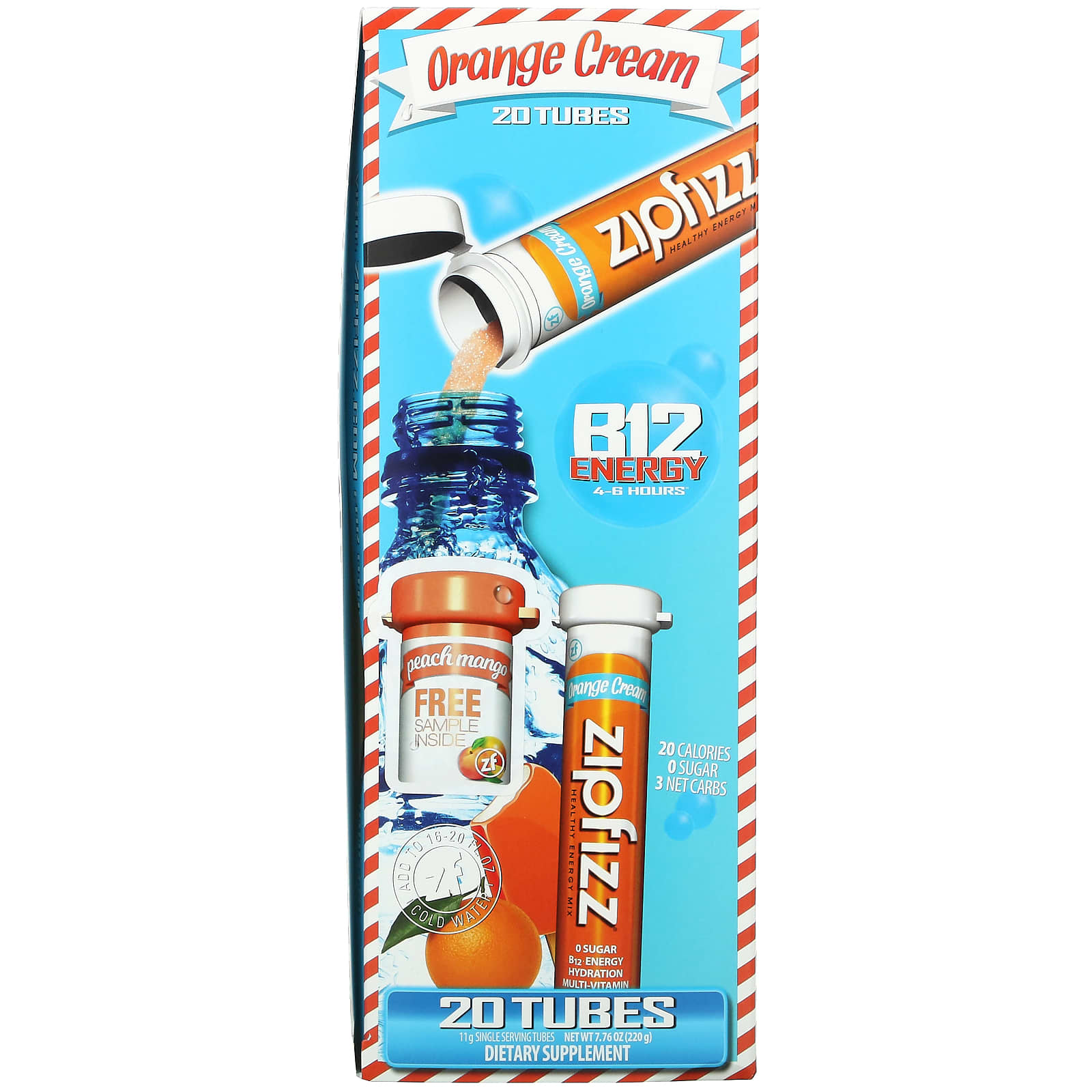 Zipfizz, Энергетическая смесь для здорового спорта с витамином B12, апельсиновый крем, 20 тюбиков по 11 г (0,39 унции)