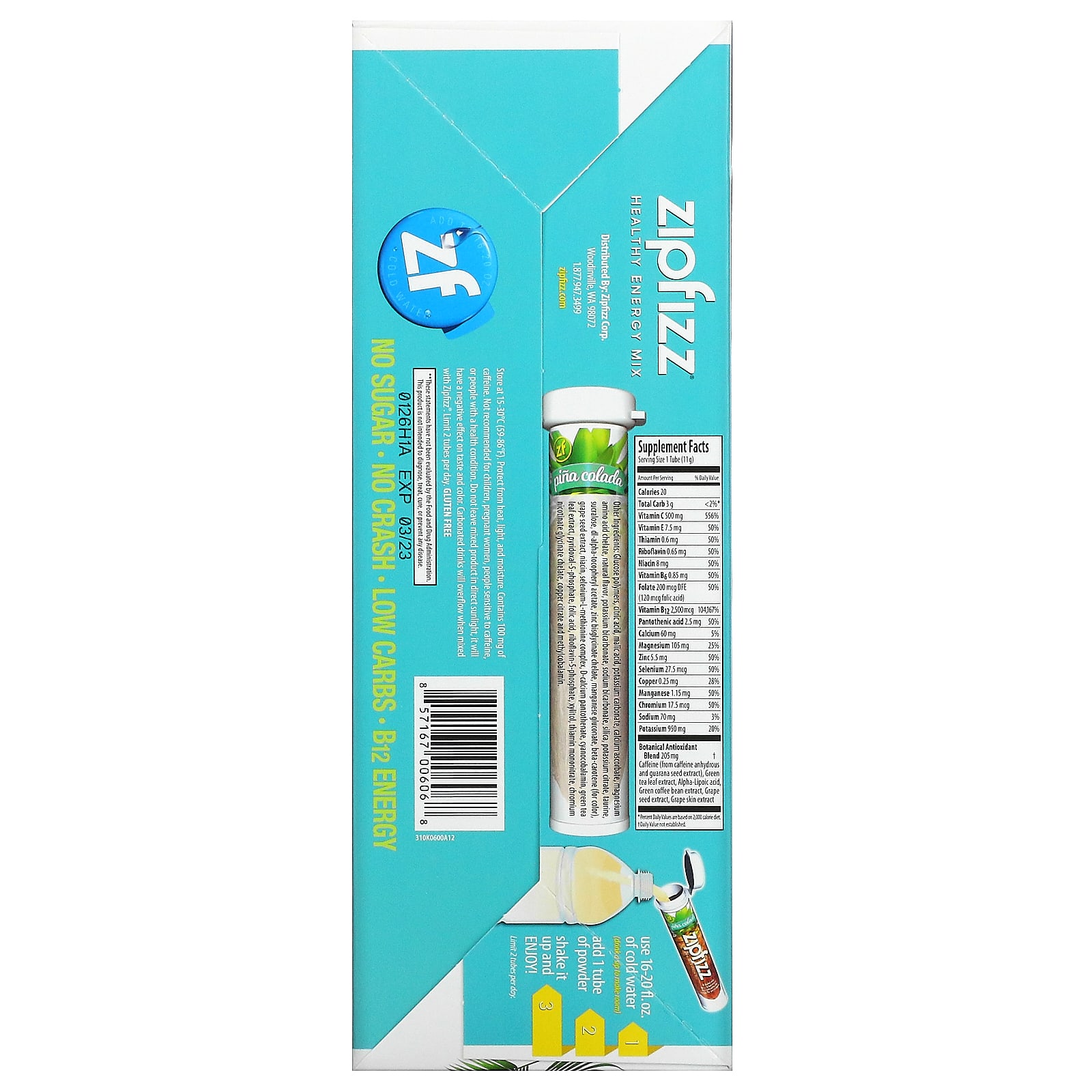 Zipfizz, Healthy Energy, энергетическая добавка с витамином B12, со вкусом пина колады, 20 тюбиков по 11 г (0,39 унции)