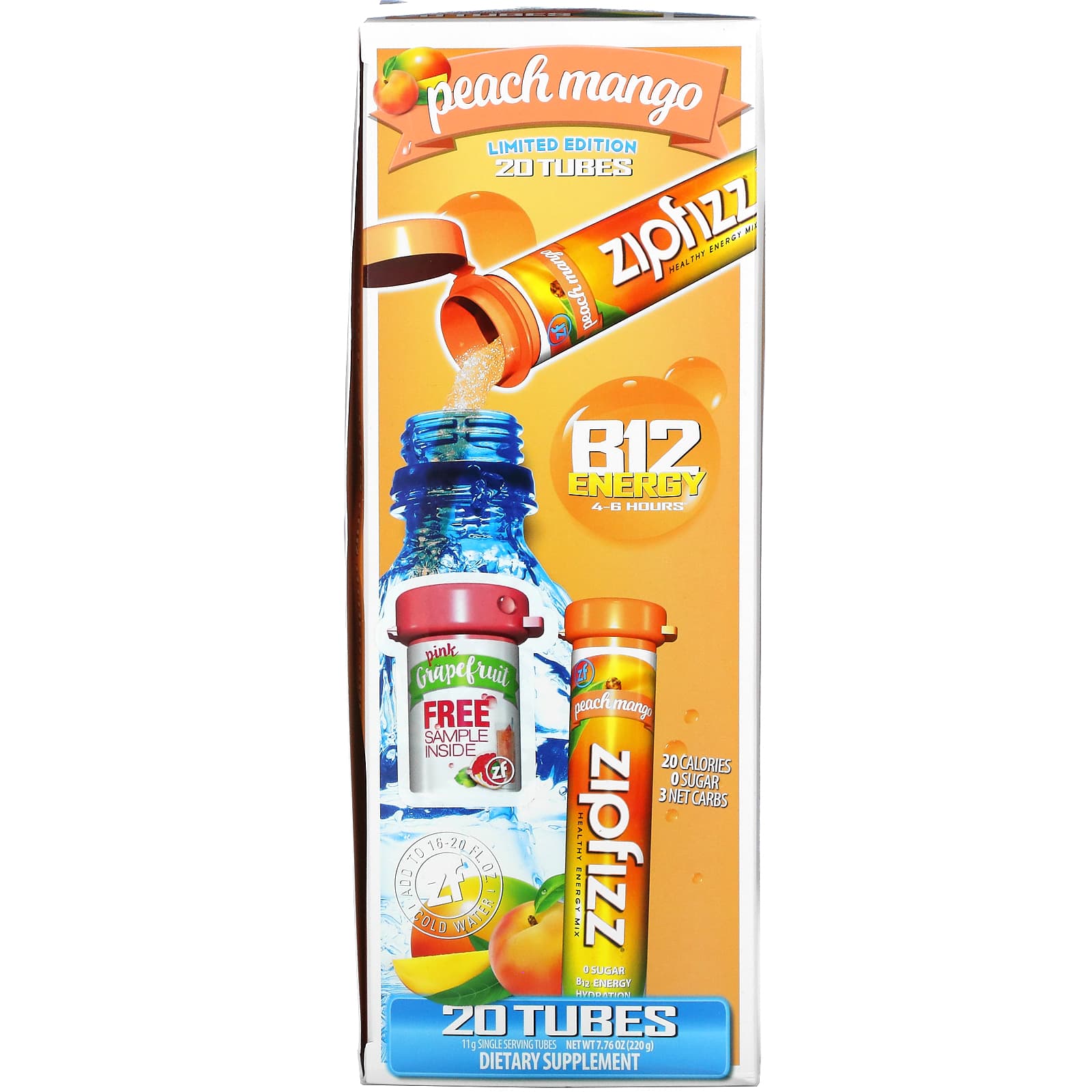 Zipfizz, Энергетическая смесь для здорового спорта с витамином B12, персик и манго, 20 тюбиков по 11 г (0,39 унции)