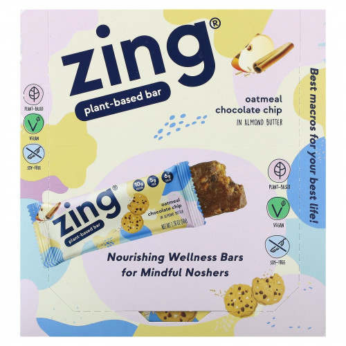 Zing Bars, растительный батончик, овсянка с шоколадной крошкой в миндальной пасте, 12 батончиков по 50 г (1,76 унции)