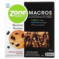 ZonePerfect, MACROS Bars, кексы с шоколадной крошкой, 5 батончиков, 50 г (1,76 унции)