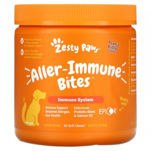 Zesty Paws, Aller-Immune Bites, добавка для собак, с ароматизатором «Арахисовая паста», 90 мягких жевательных таблеток