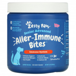 Zesty Paws, Advanced Aller-Immune Bites для собак, иммунная система, для пожилых людей, со вкусом лосося, 90 жевательных таблеток, 360 г (12,7 унции)