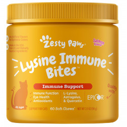 Zesty Paws, Lysine Immune Bites, поддержка иммунитета кошек, для всех возрастов, лосось, 60 жевательных таблеток, 90 г (3,1 унции)