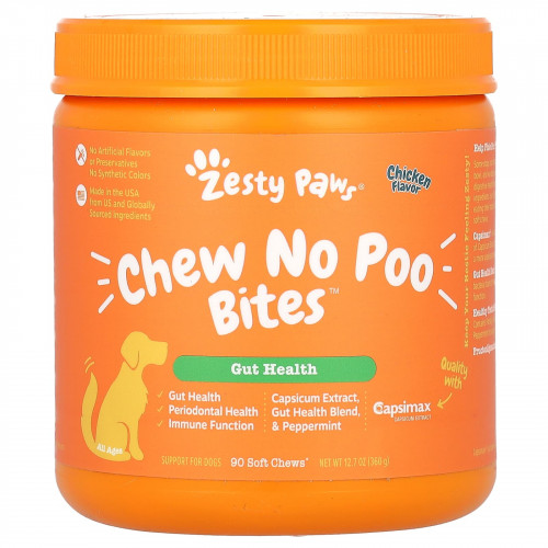 Zesty Paws, Chew No Poo Bites, добавка для здоровья кишечника, для собак, со вкусом курицы, 90 жевательных таблеток, 360 г (12,7 унции)