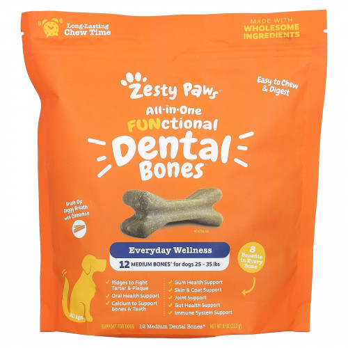 Zesty Paws, All-in-One Functional Dental Bones, комплекс для функциональных зубов, для собак всех возрастов, корица, 12 mEDIUM Bone, 227 г (8 унций)